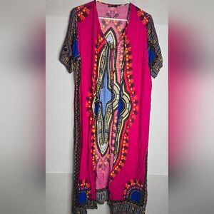 Long African Kaftan Boho Swimsuit Beach Cover Up Duster Fuschia Pink w/Tie